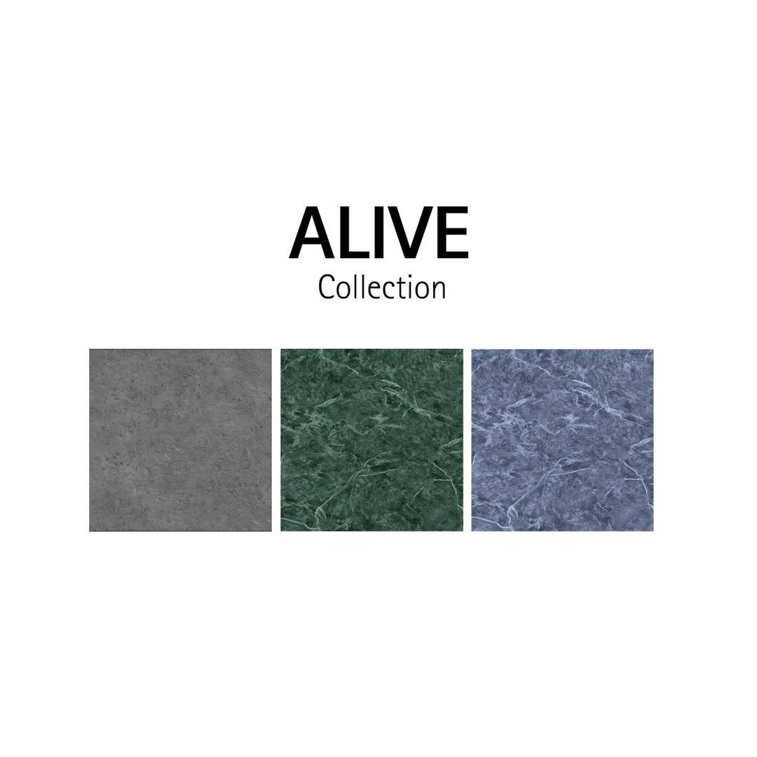 Drei Poolfolien Designs aus der Alkorplan Alive Collection in Grau, Grün und Blau
